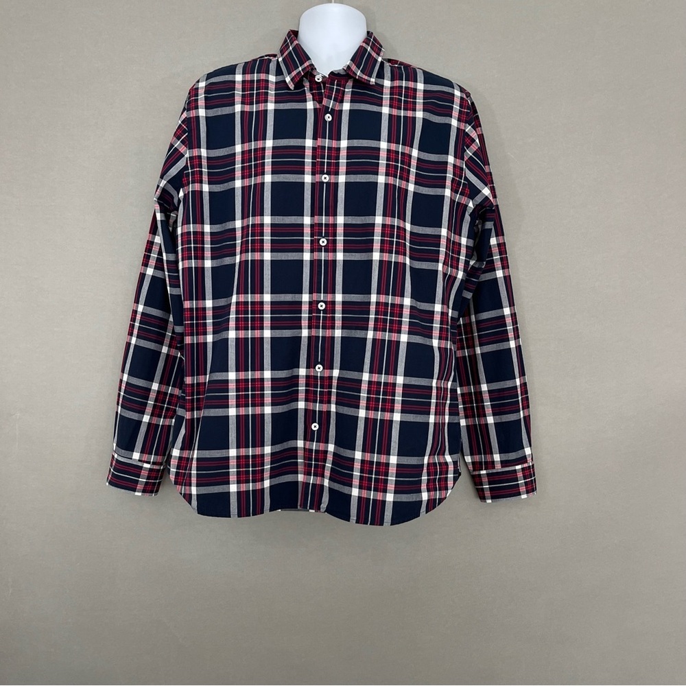 Express Red Blue Check Fitted Button Long Sleeve … - image 1